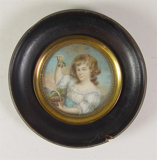 Appraisal: Miniature Oil Painting Round picture of a young woman holding