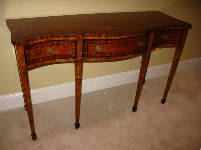 Appraisal: Burled Elm Console Table three drawers with exotic wood banded