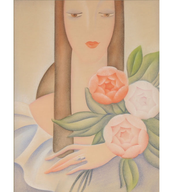 Appraisal: Deco style pastel on paper depicting a female figure holding