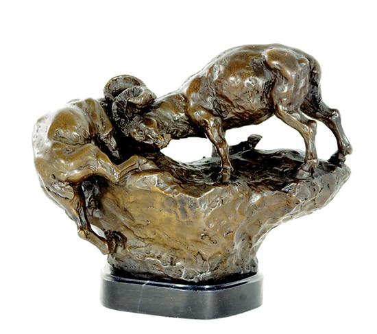 Appraisal: American school th century SPARRING RAMS bronze with dark patina