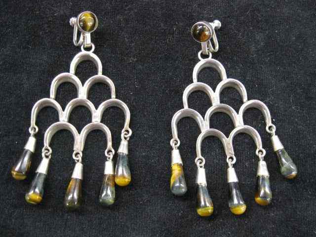 Appraisal: Sterling Tiger Eye Earrings chandelier style screw back signed ''