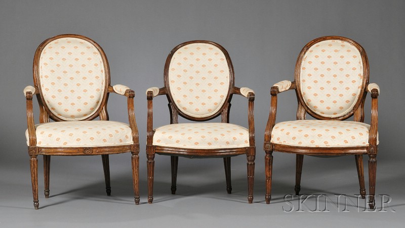 Appraisal: Three Similar Louis XVI Beechwood Fauteuils en Cabriolet c of