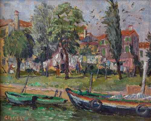 Appraisal: Gilbert th Century - Oil painting - ''Boats on River''