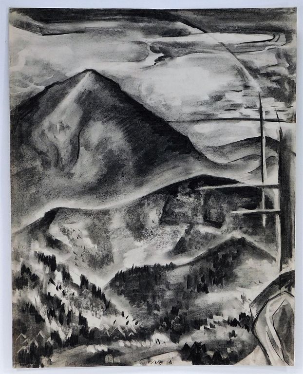 Appraisal: Otto Plaug Mountain Landscape Charcoal Drawing New York Germany -