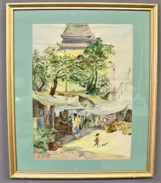 Appraisal: Framed and matted Chinese watercolor street market scene signed and