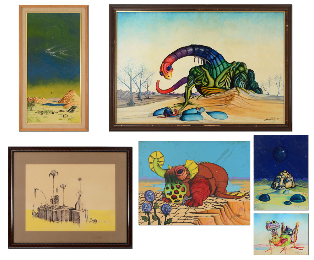 Appraisal: PC LARRY VERN BRADY SURREAL ART LOT Lizard Creature Oil