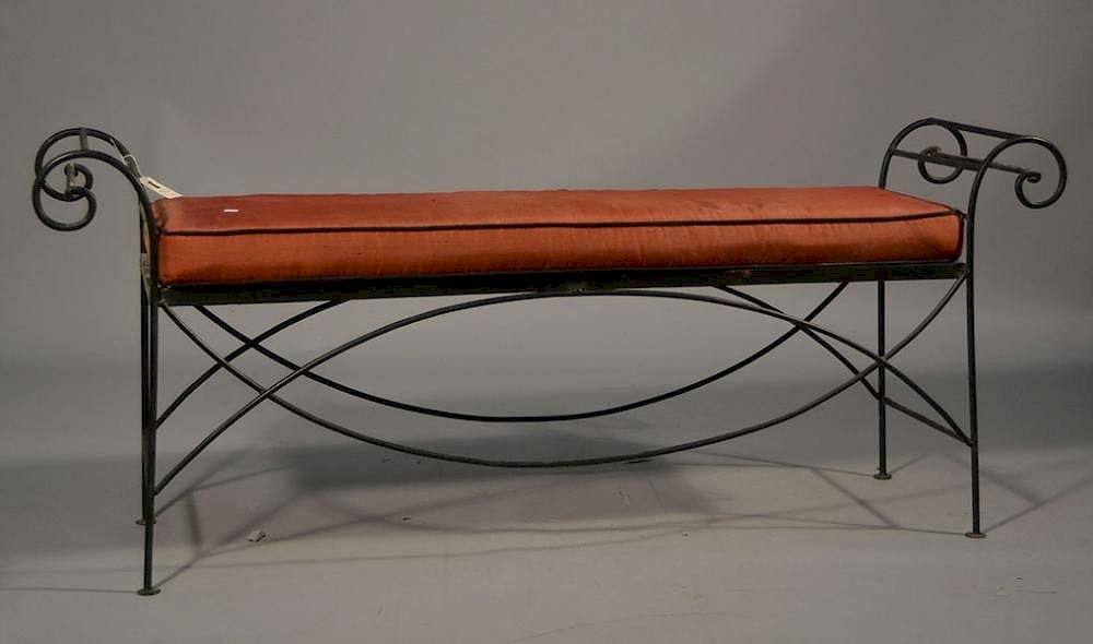 Appraisal: Iron Window Bench Iron window bench loose cushion scrolling arms