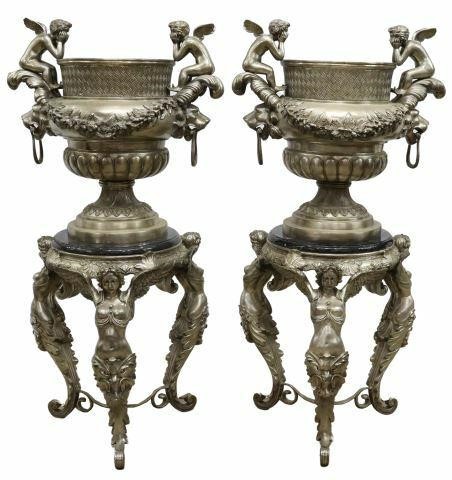 Appraisal: lot of Large classical style silvered bronze planters on marble-top