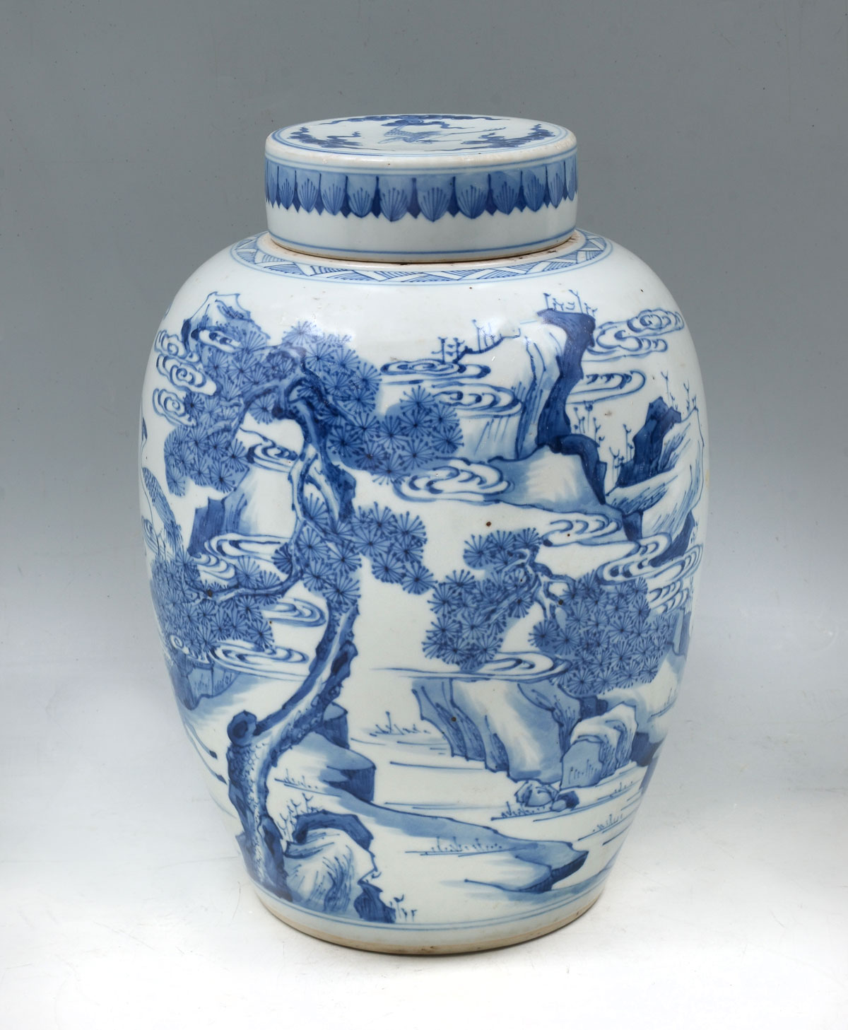 Appraisal: TH C BLUE WHITE COVERED FIGURAL JAR th Century blue