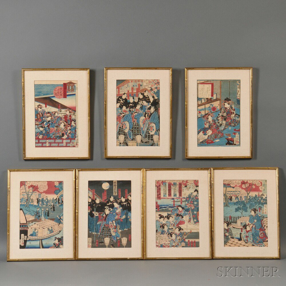 Appraisal: Seven Woodblock Prints Japan Utagawa Yoshiiku - mostly depicting courtesans