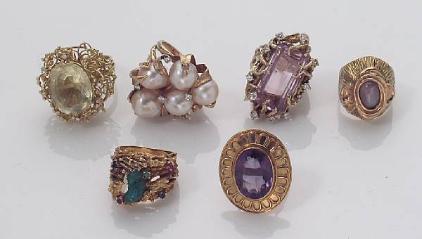 Appraisal: A collection of six diamond gem-set cultured pearl and gold