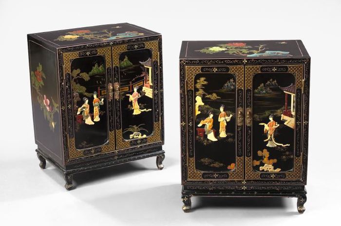 Appraisal: Pair of Chinese Parcel-Gilt and Polychromed Black Lacquer Dwarf Cabinets