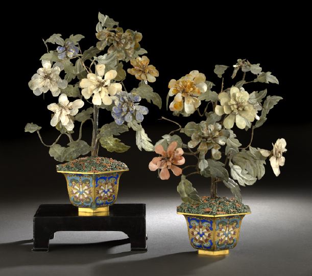 Appraisal: Pair of Chinese Mineral Trees in Champleve Pots first half