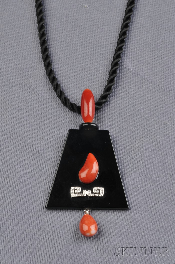 Appraisal: kt Gold Onyx Coral and Diamond Pendant the shaped black