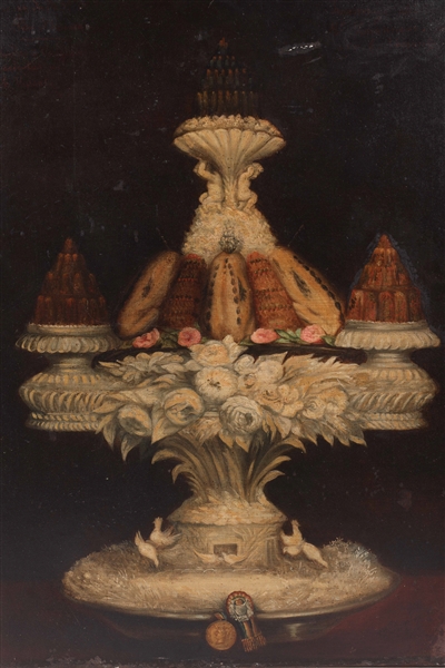 Appraisal: Oil painting depicting floral vase and decorative dessert display some