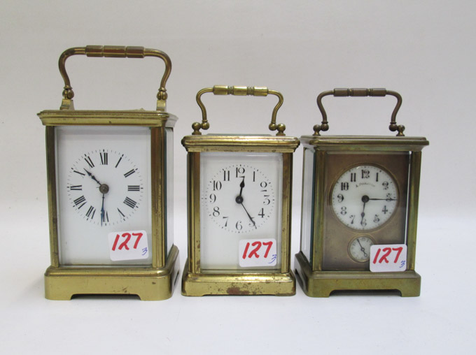 Appraisal: THREE FRENCH BRASS CASE CARRIAGE CLOCKS H time only H