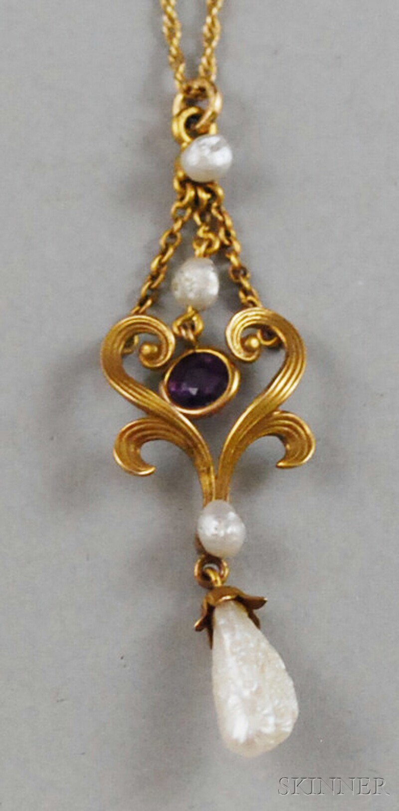 Appraisal: Art Nouveau kt Gold Amethyst and Freshwater Pearl Lavaliere Necklace