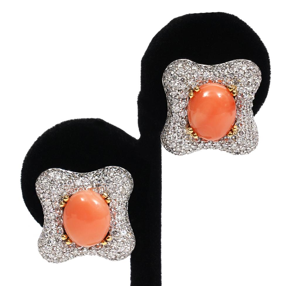 Appraisal: PR OF ANGEL SKIN CORAL DIAMOND K EAR CLIPSPair of