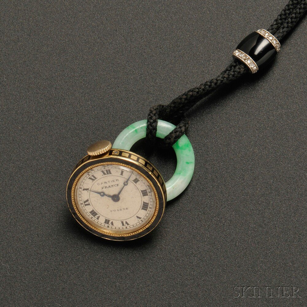 Appraisal: Art Deco Jade Enamel and Diamond Pendant Watch Cartier the