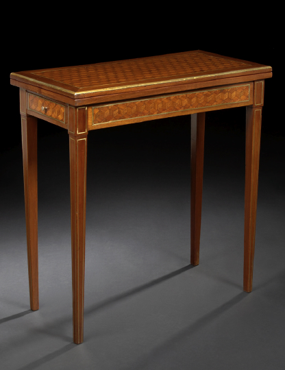 Appraisal: French Brass-Mounted Mahogany and Marquetry Folding Swivel-Top Games Table ca