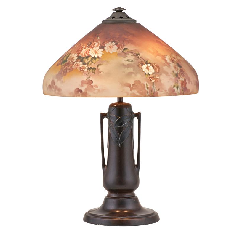 Appraisal: JEFFERSON REVERSE PAINTED TABLE LAMP Attr Glass shade with clusters