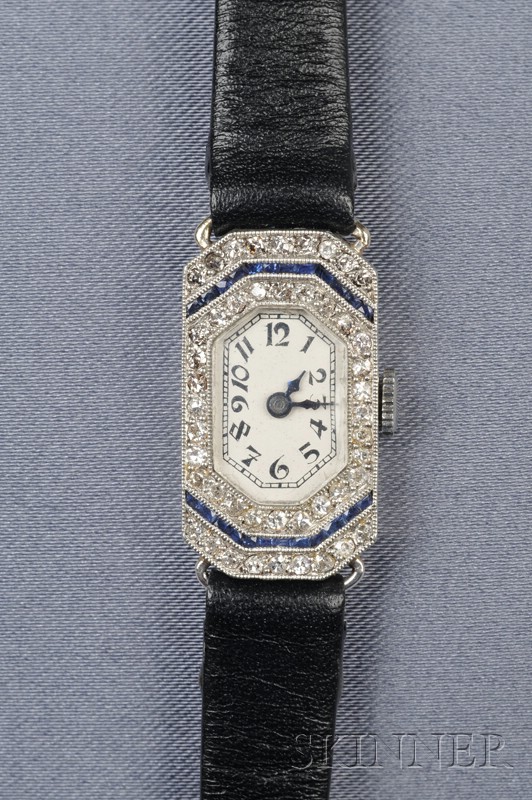 Appraisal: Art Deco Diamond Wristwatch the white metal dial with Arabic