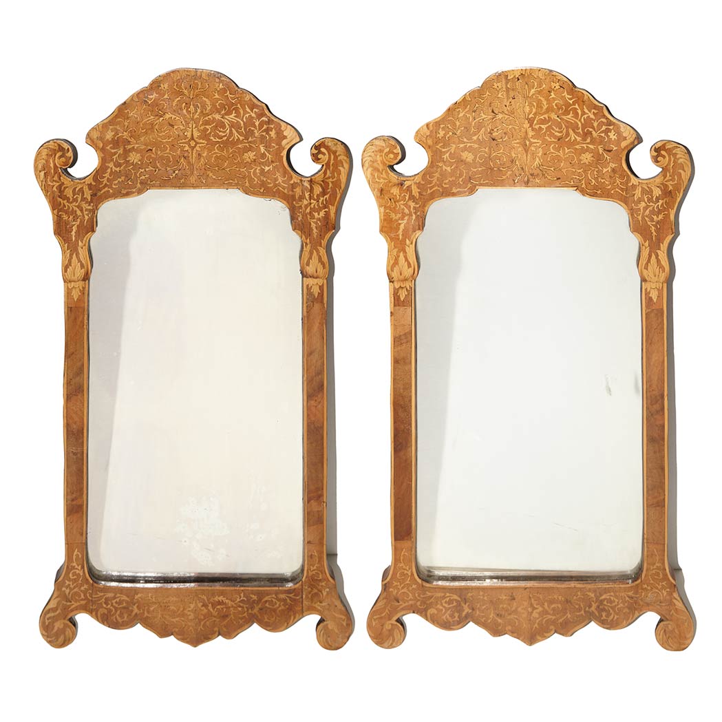 Appraisal: Pair of Continental Baroque Style Walnut and Seaweed Marquetry Mirrors