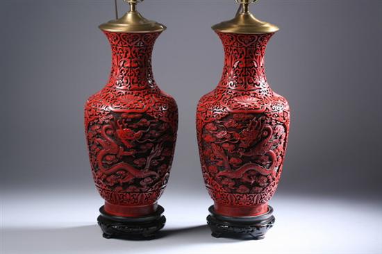 Appraisal: PAIR CHINESE CINNABAR VASES Electrified - in high