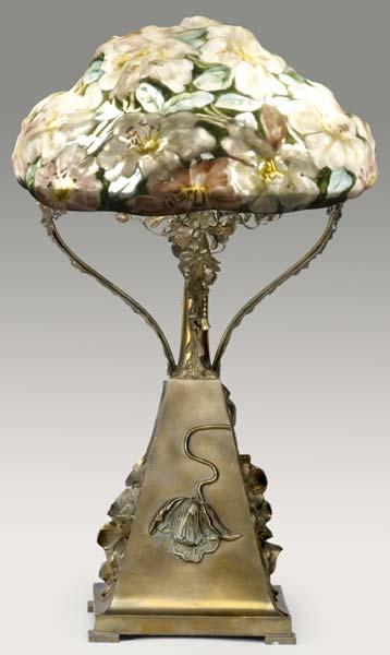 Appraisal: PAIRPOINT Puffy lamp with tiger lilies in pink and white