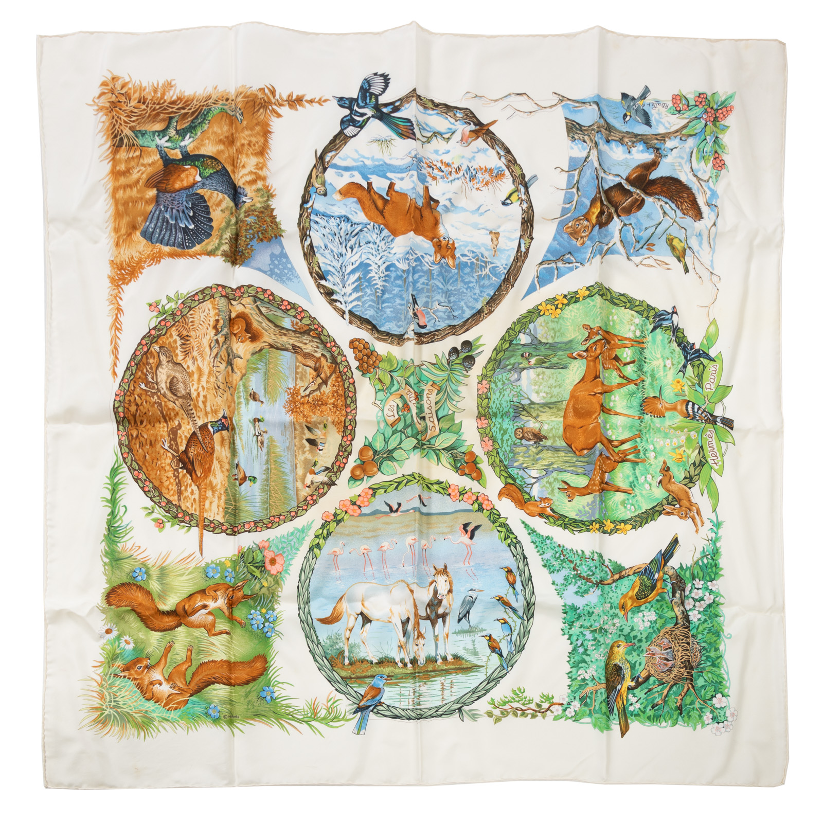 Appraisal: AN HERMES LES QUATRE SAISONS SCARF White and multicolor Hermes