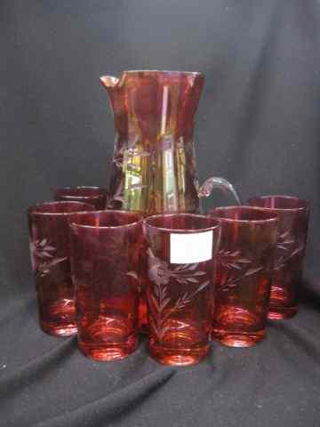 Appraisal: Ruby Flashed Glass Beverage Set etched floral '' pitcher and