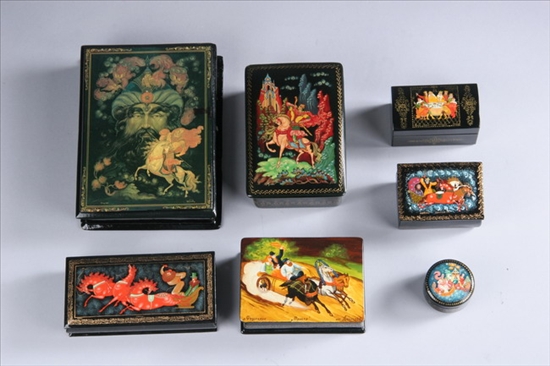 Appraisal: SEVEN RUSSIAN LACQUER BOXES Of various shapes and sizes each