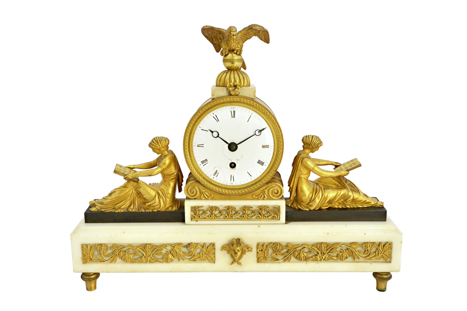 Appraisal: An English Regency bronze and white marble mantel clock with