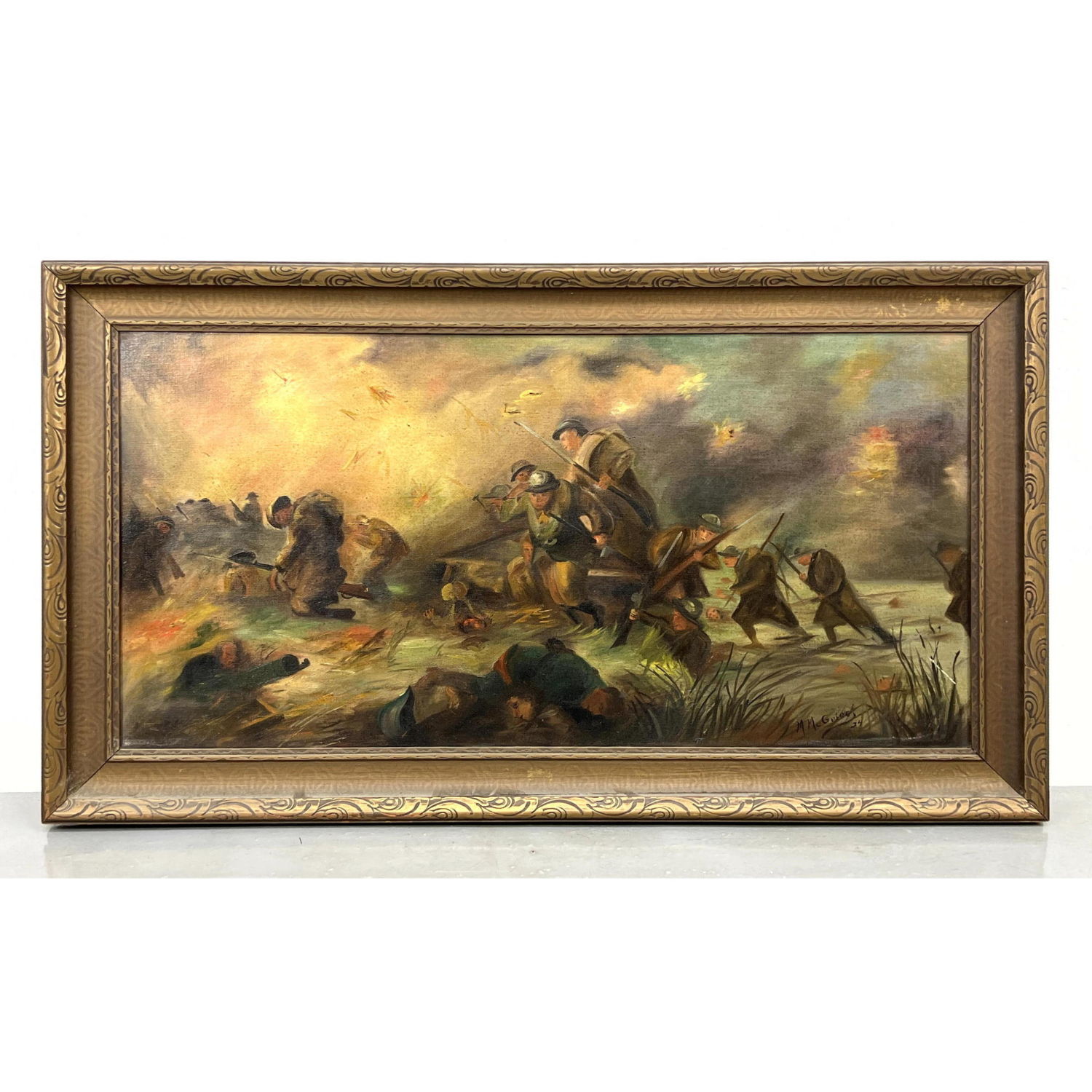 Appraisal: MARY McGUIRE Antique Oil Painting WWI Soldiers in Battle The