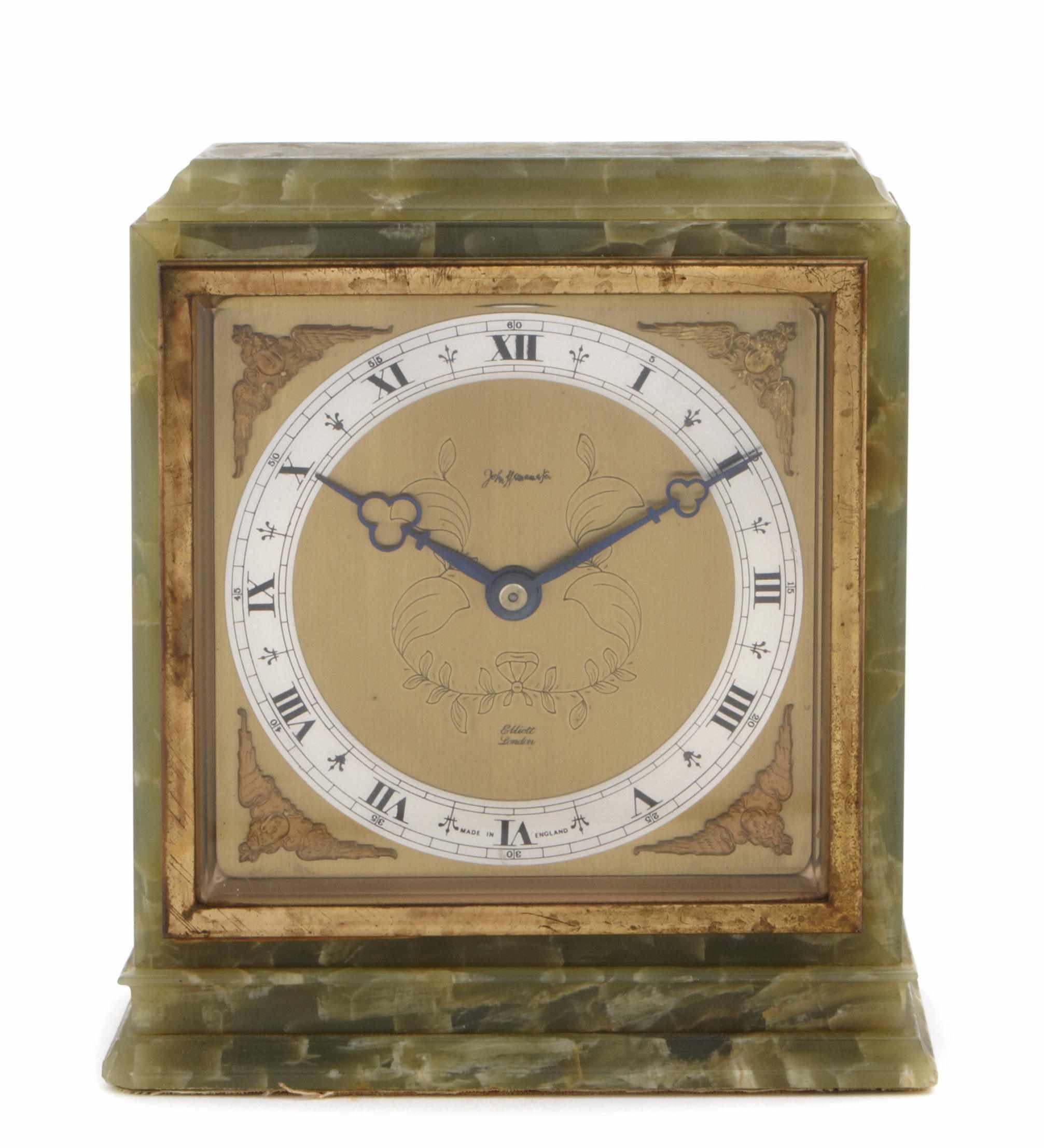 Appraisal: An English gilt brass and green onyx mantel clock height