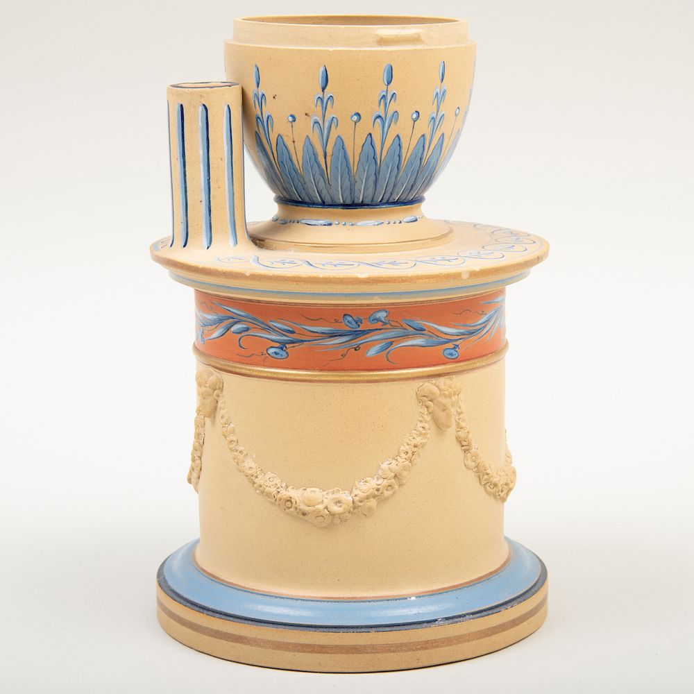 Appraisal: Wedgwood Caneware Encaustic Decorated Footed Inkpot Impressed lowercase mark enamelled