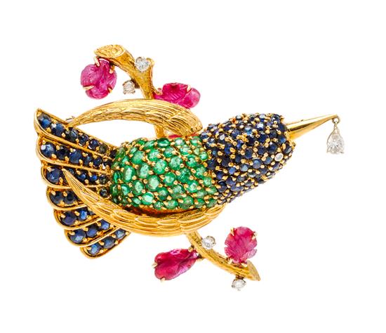 Appraisal: Sale Lot A Yellow Gold Diamond and Multigem Bird Brooch