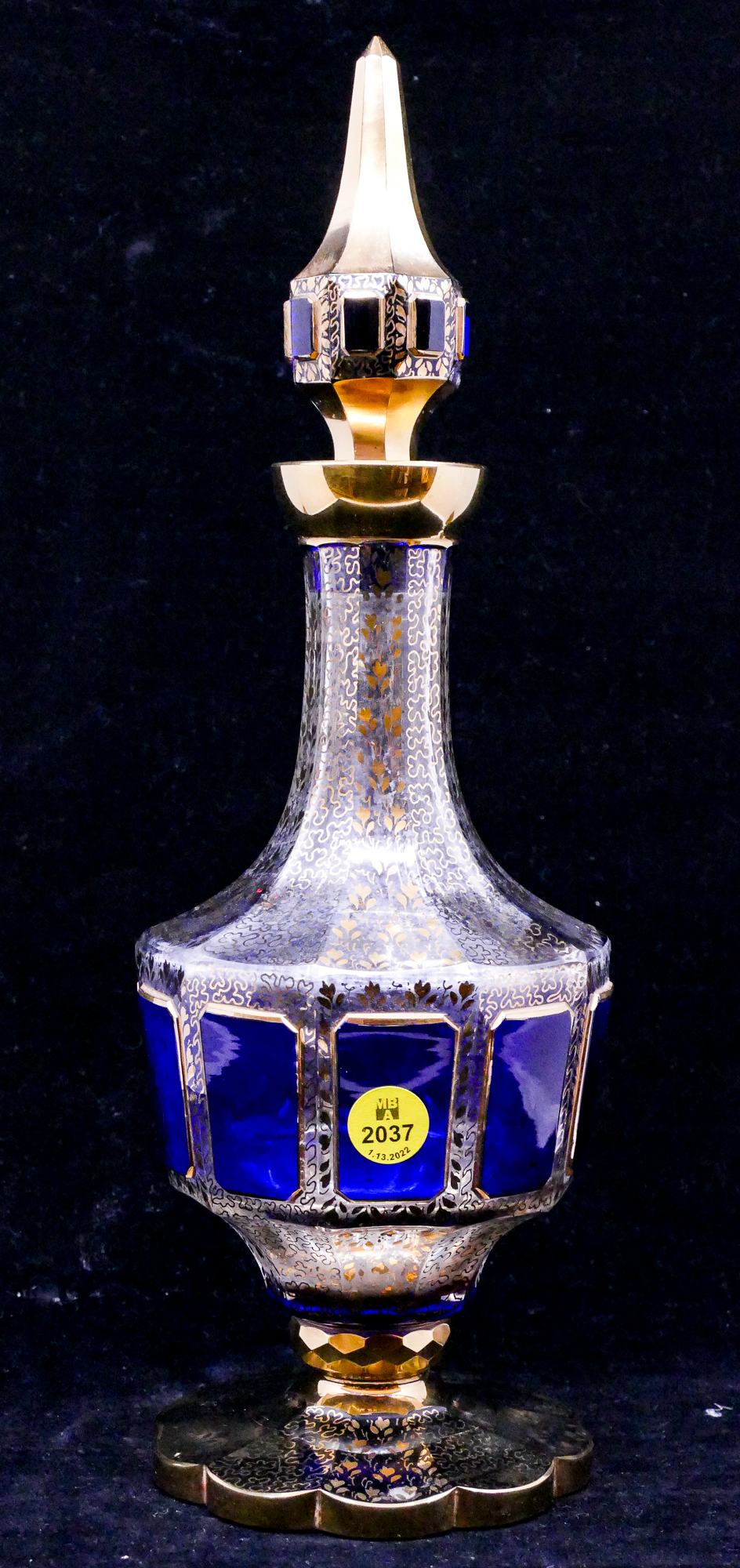 Appraisal: Moser Bohemian Cobalt Cut Overlay Gilt Decanter- ''