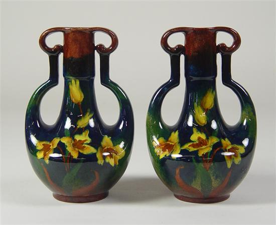 Appraisal: Pair of Moravian Pottery Vases th Century Hand painted yellow