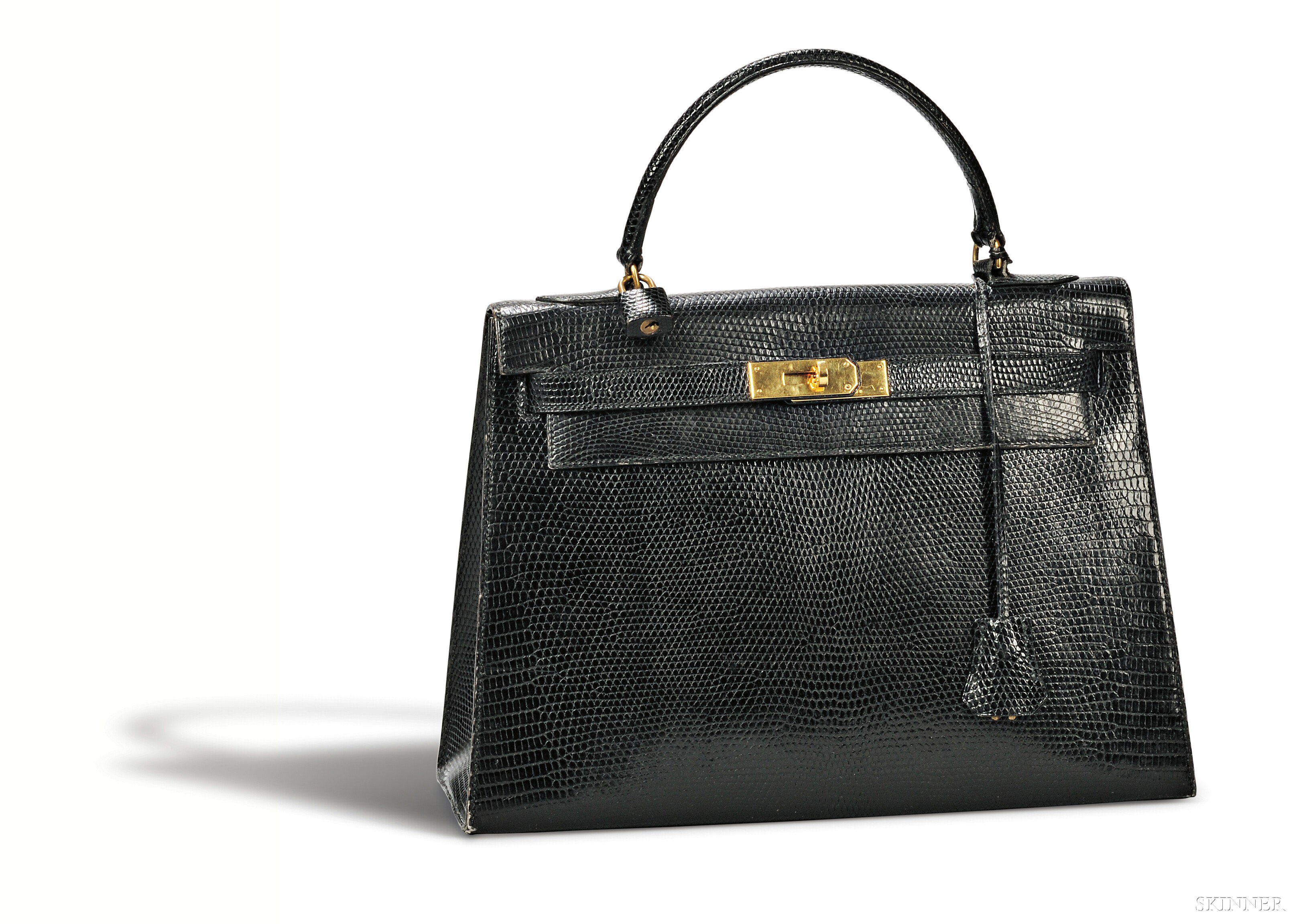 Appraisal: Black Lizard Kelly Handbag Hermes with gold-tone hardware lg cm