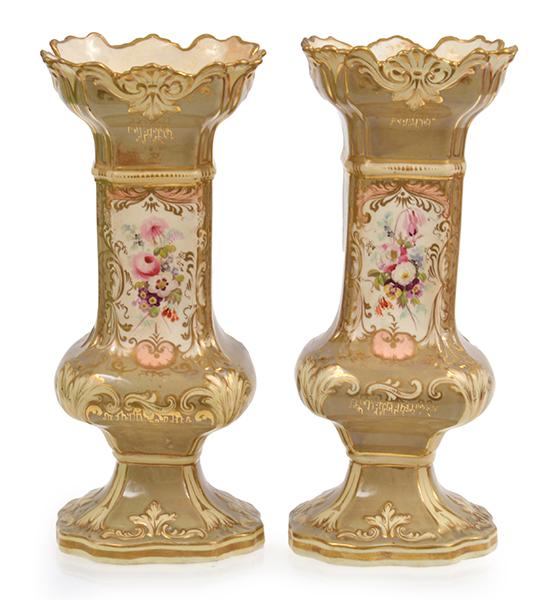 Appraisal: A PAIR OF ENGLISH TH CENTURY HAND PAINTED VASES REPAIRED