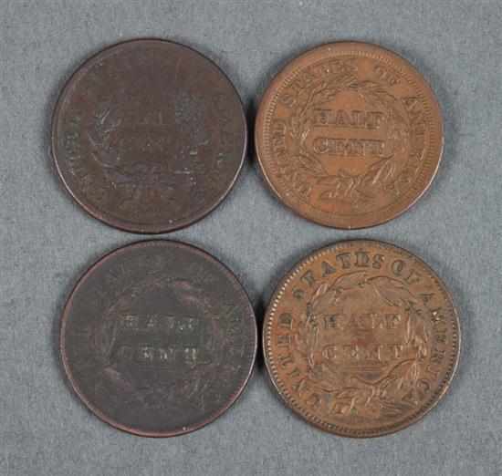 Appraisal: Four United States copper half cents - comprising flowing hair