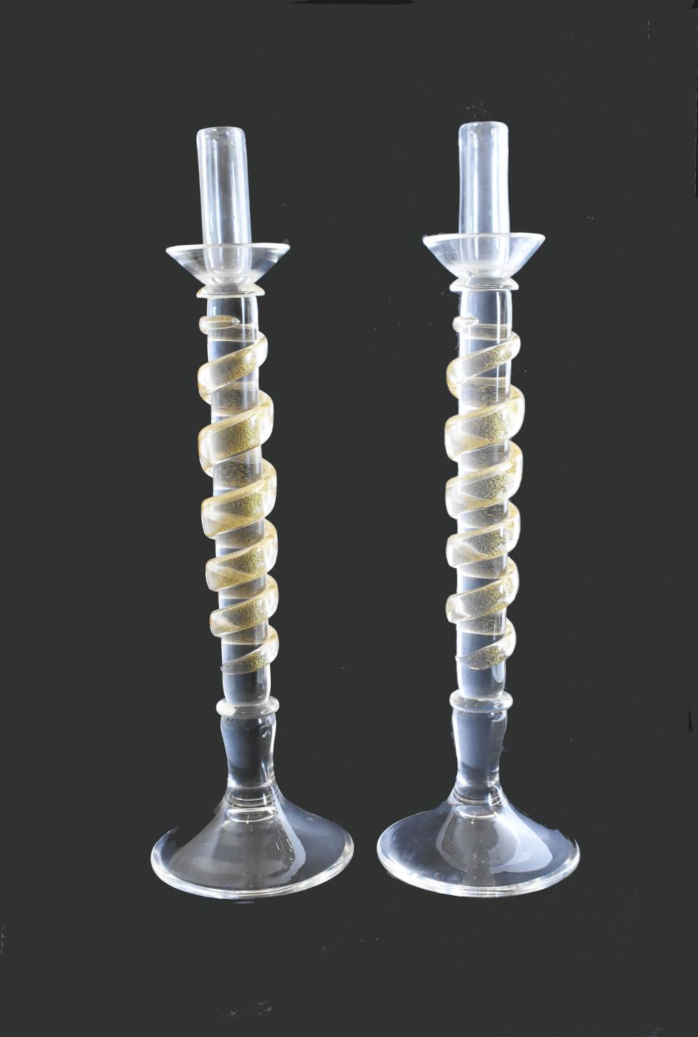 Appraisal: PAIR OF VENETIAN GOLD-FLECKED COLORLESS GLASS CANDLESTICKSModern The underside etched