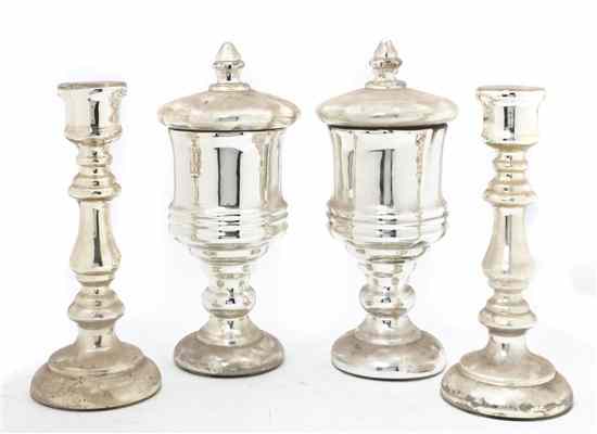 Appraisal: Four Mercury Glass Articles comprising a pair of lidded urns