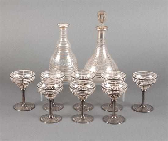 Appraisal: Two American silver overlay on colorless glass decanters and eight