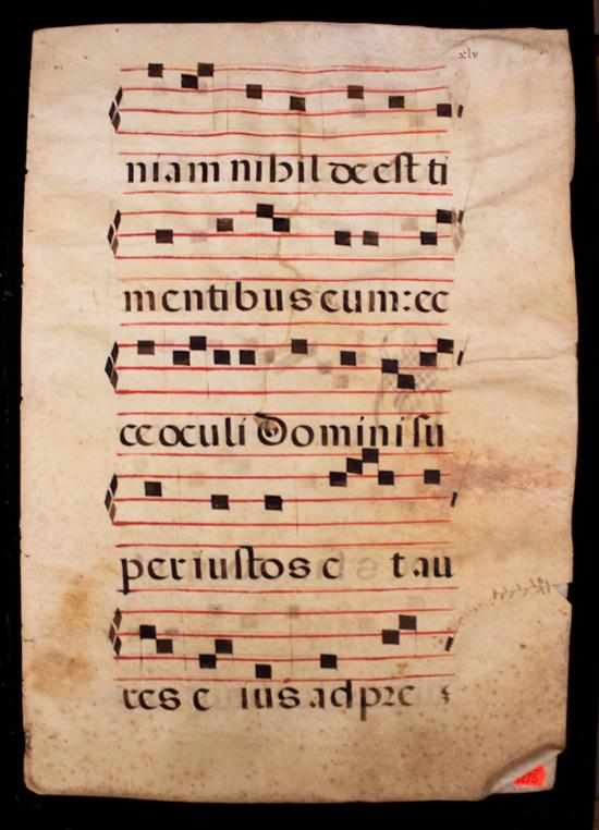 Appraisal: Illuminated Manuscript Complete folio from a Latin Antiphonal comprising four