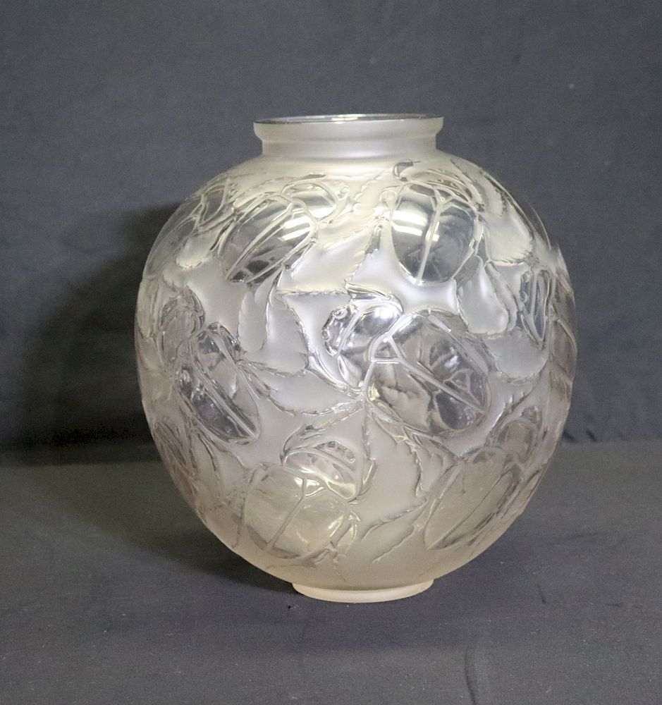 Appraisal: R Lalique Clear Frosted Glass Gros Scarabees Vase Signed and