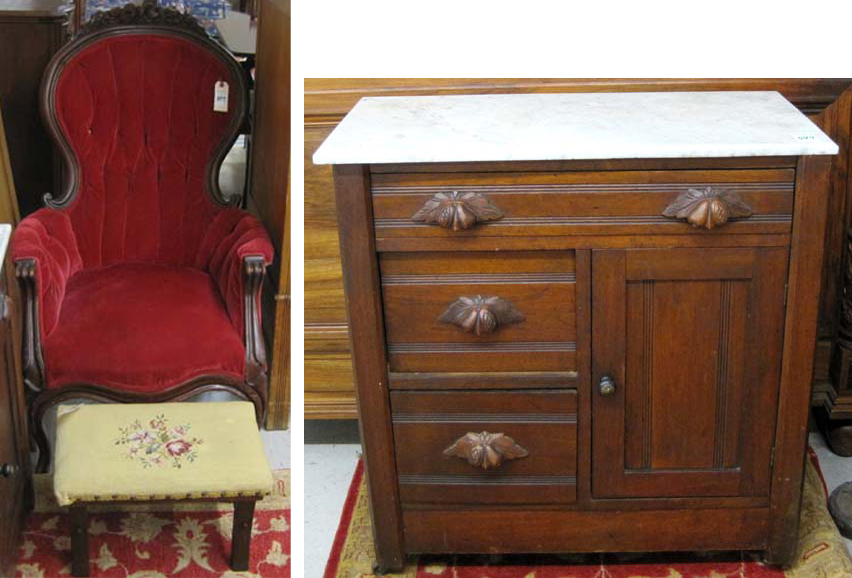 Appraisal: THREE ARTICLES OF VICTORIAN STYLE FURNITURE walnut marble-top commode red