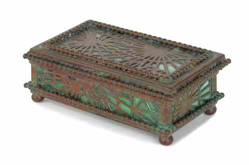 Appraisal: Tiffany Studios bronze and slag glass stamp box h w