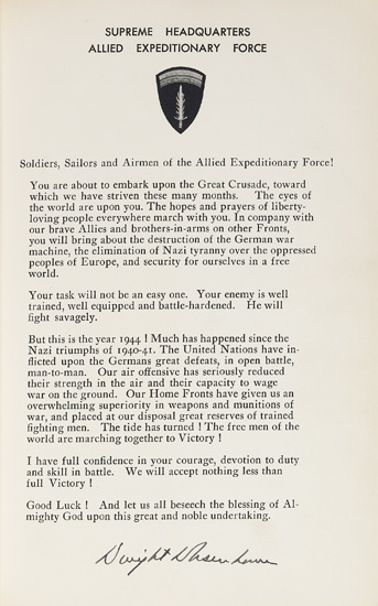 Appraisal: WITH THE SIGNED D-DAY ORDER EISENHOWER DWIGHT D Crusade in